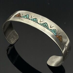 VTG Southwestern Coral & Turquoise Inlay Sterling Silver Cuff Bracelet Signed AJ